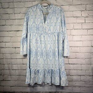 WOMENS BOHO BELL SLEEVE BLUE AND WHITE ALL OVER PRINT  VNECK  DRESS SIZE MED